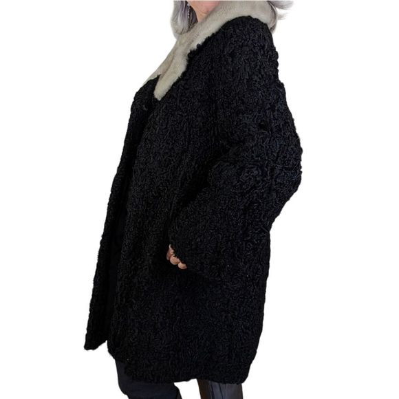 Vintage Black 50s Persian Lamb Karakul Gray Mink Collar Fur Coat Size Large - Picture 3 of 9